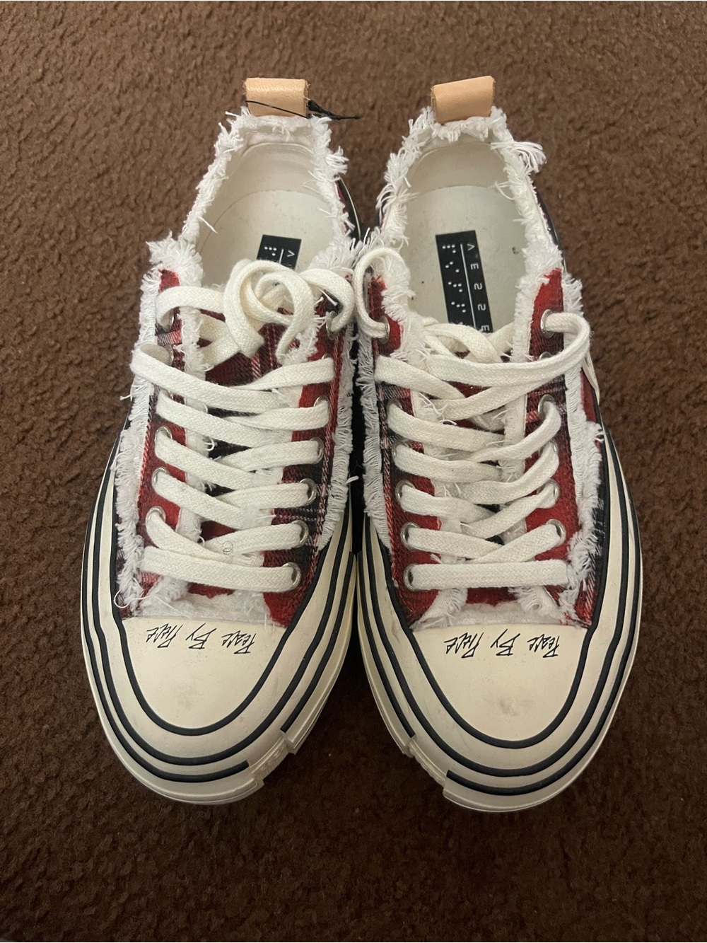 Women’s Red and White Frayed Canvas Sneakers